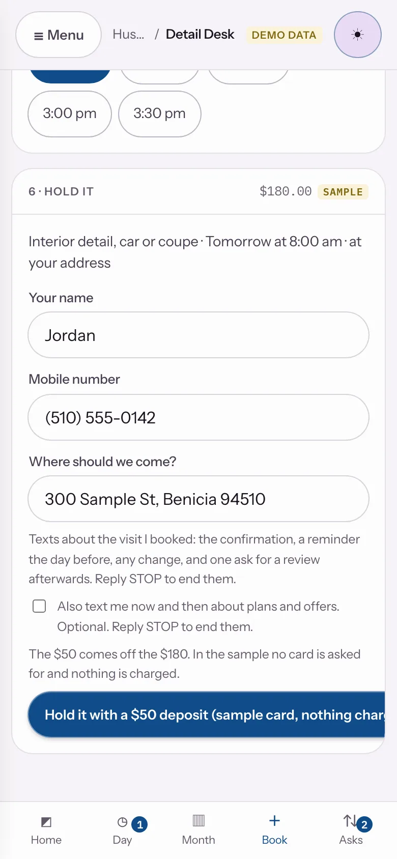 Sample data: the Detail Desk sample app at step 05, The reminder