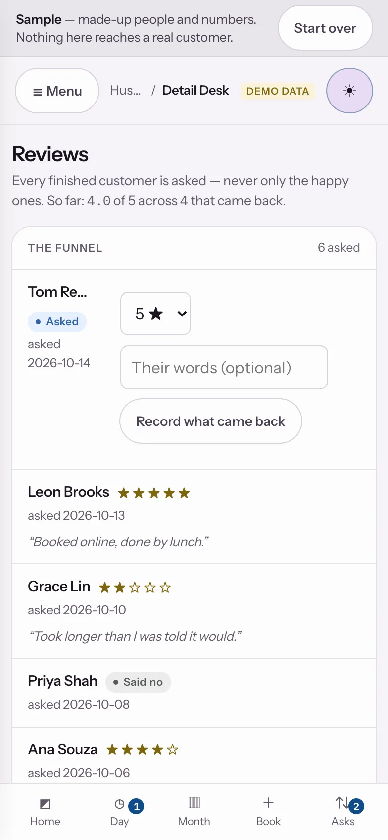 Sample data: the Detail Desk sample app at step 09, The review request