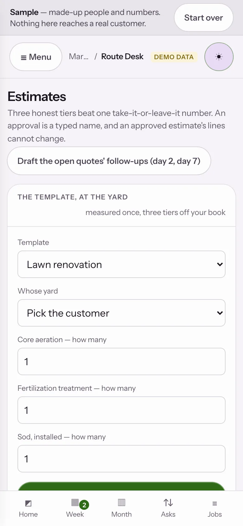 Sample data: the Route Desk sample app at step 04, The quote, at the yard
