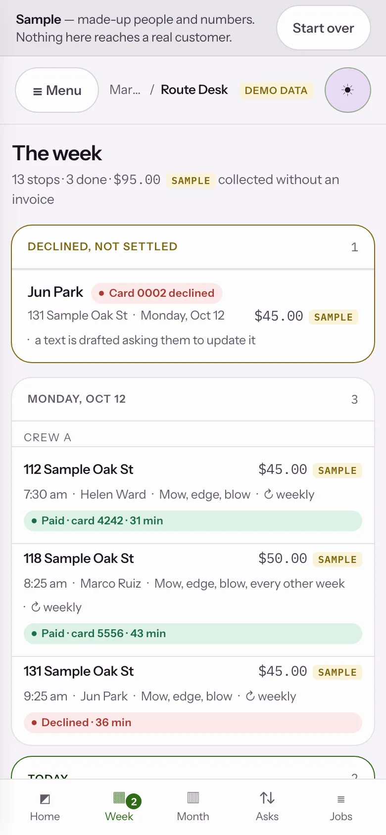 Sample data: the Route Desk sample app at step 07, Rain on Thursday
