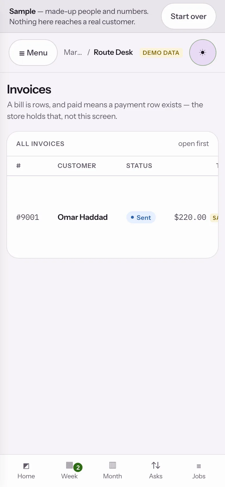 Sample data: the Route Desk sample app at step 08, Invoiced when it’s done