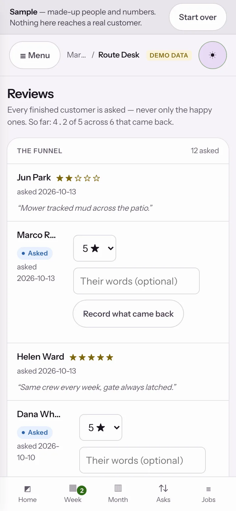 Sample data: the Route Desk sample app at step 09, The review request