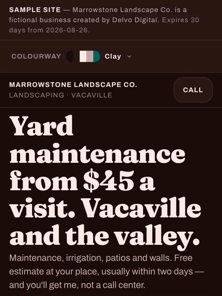 The Marrowstone Landscape sample site on a phone — price-anchored headline and the call card