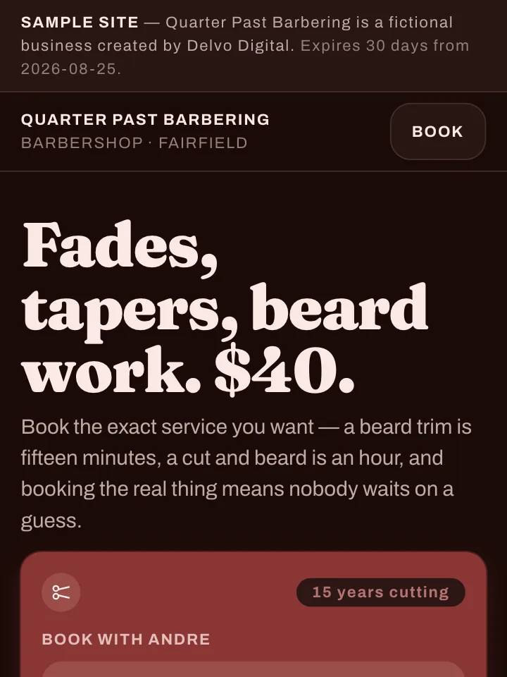 The Quarter Past Barbering sample site on a phone — headline, prices, and the booking card