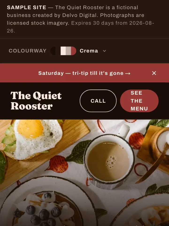 The Quiet Rooster sample site on a phone — full-bleed breakfast photography under the hours-first headline