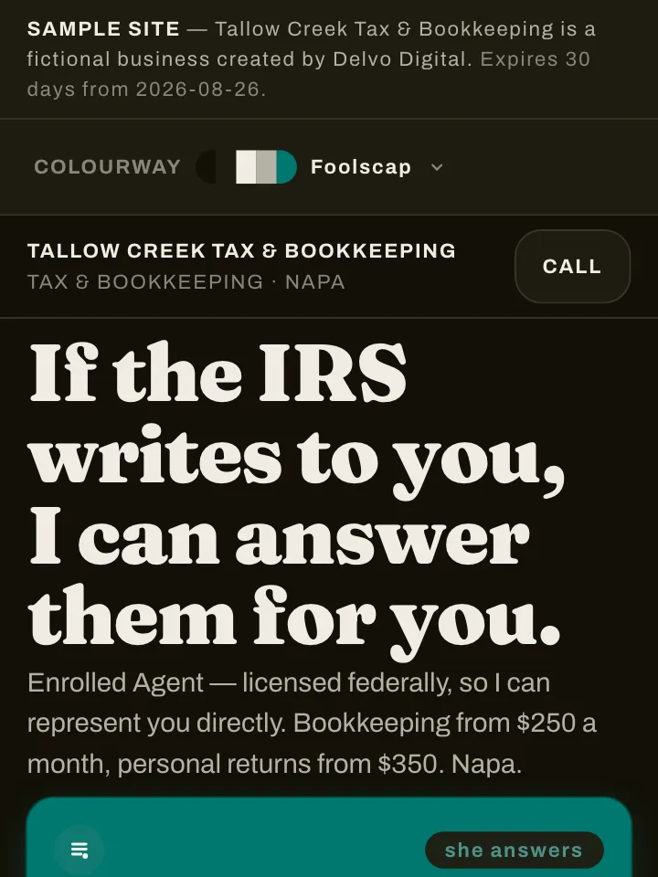 The Tallow Creek Tax sample site on a phone — the IRS headline and the call card