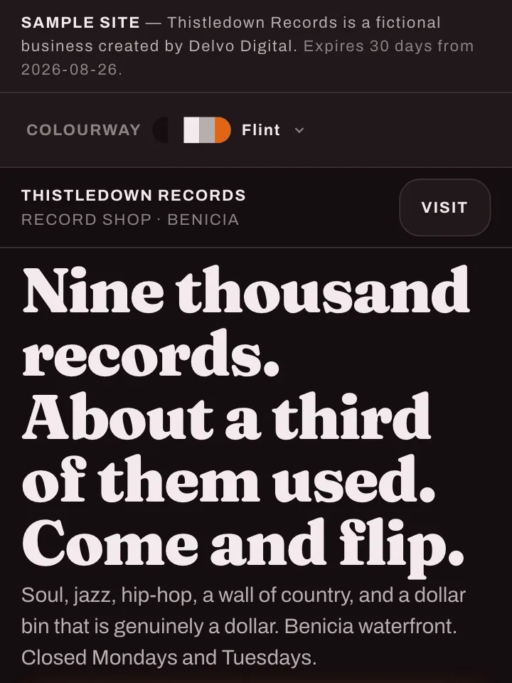 The Thistledown Records sample site on a phone — nine thousand records and the visit card